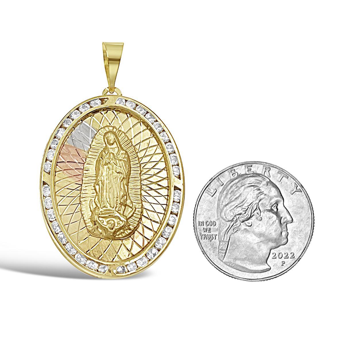 Virgin Mary Lady Guadalupe & Jesus Two Side Pendant 10k Gold Charm 1.9"