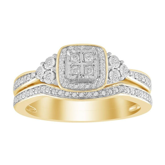 Princess Round Diamond Cushion Cluster Bridal Wedding Ring Set 10k Yellow Gold