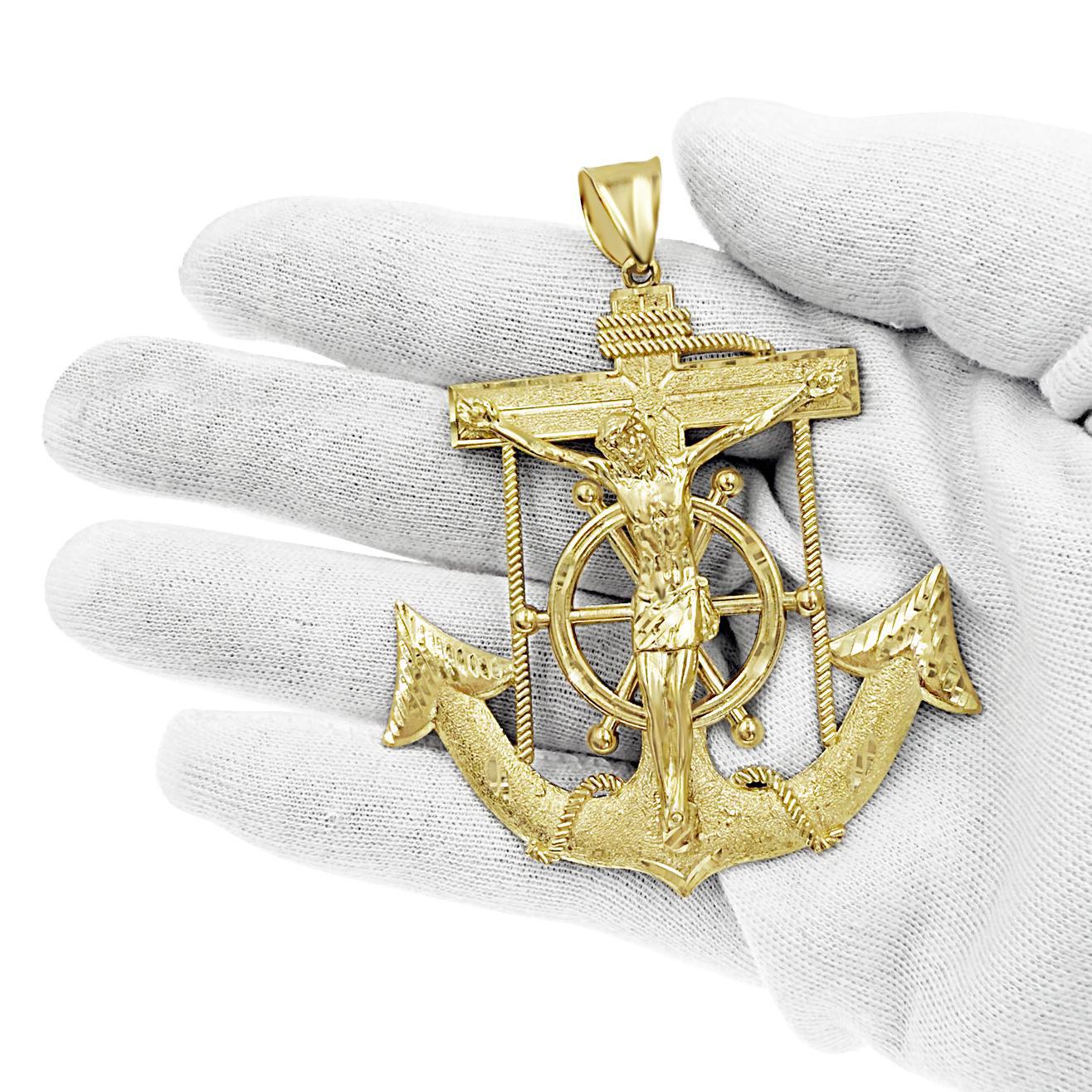 Anchor Jesus Crucifix Cross Mens Large Pendant 10k Yellow Gold