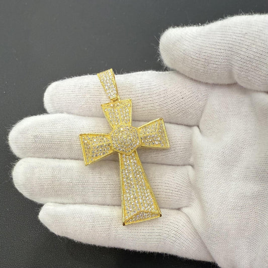 Cross Pendant Charm 925 Sterling Silver Gold Plated Iced Out 2.4"