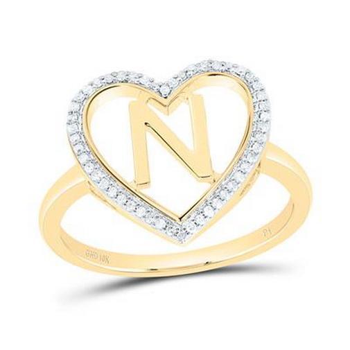Diamond Initial N Heart Ring 10K Yellow Gold Womens