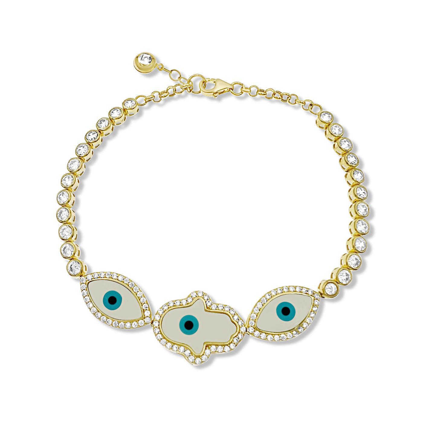 Evil Eye Protection Hamsa Tennis Bracelet 10k Gold 7"