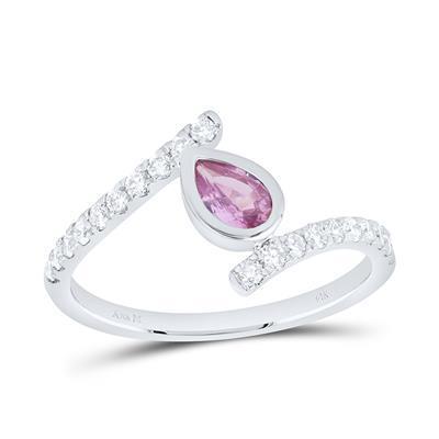 Natural Pink Sapphire Pear Diamond Ring Round 14K White Gold