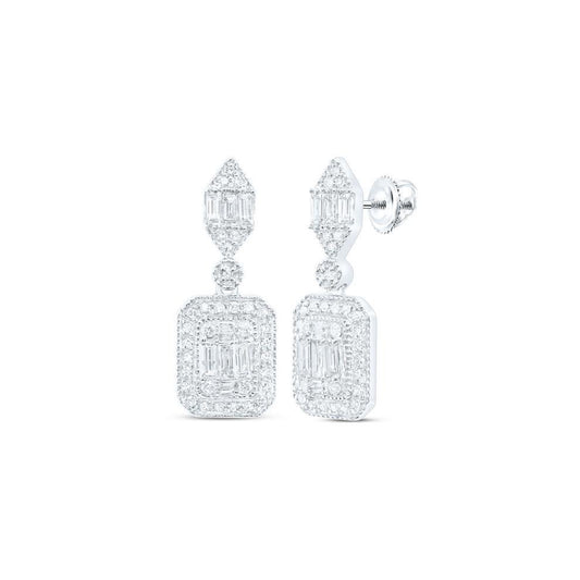 14K White Gold Diamond Baguette Halo Drop Earrings 0.75ctw