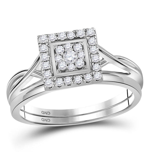 0.33ctw Diamond Square Halo Cluster Wedding Ring Set 10K White Gold