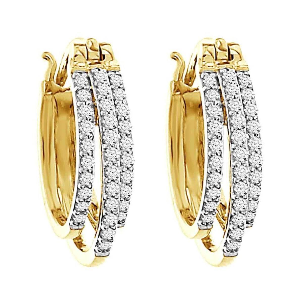 0.50ctw Diamond Hoops Three Row Earrings 10k Yellow Gold