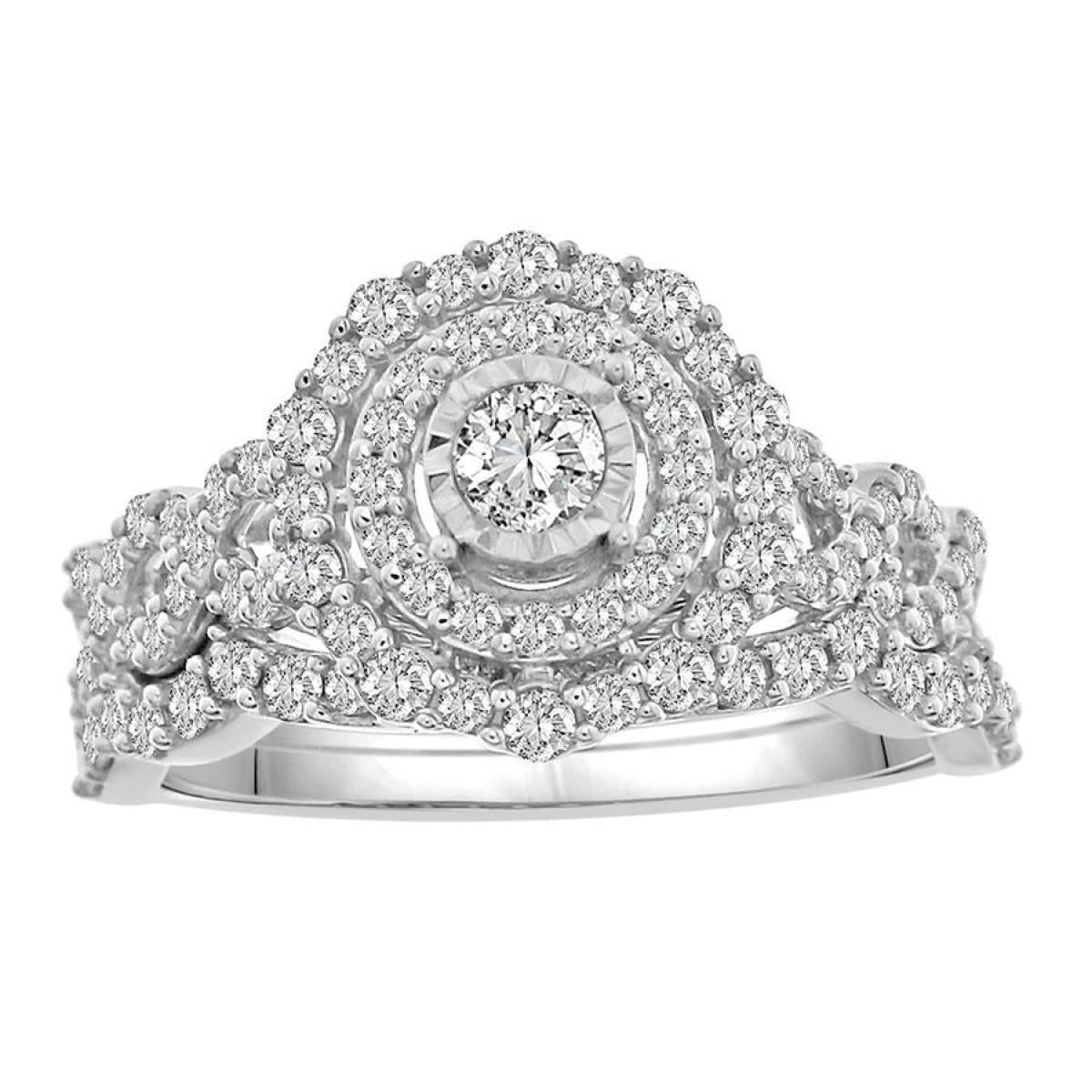 1 ctw Diamond Round Cluster Bridal Wedding Ring Set 14k White Gold