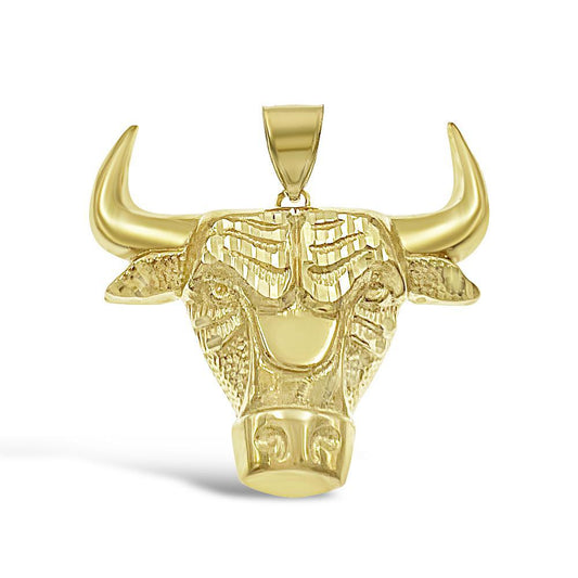 Bull Head Pendant Real 10k Yellow Gold Mens Charm 1.6"