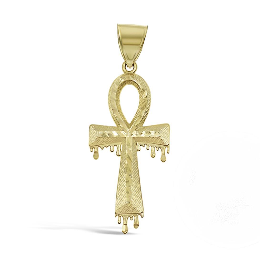 10K Yellow Gold Egyptian Ankh Cross Pendant Dripping Design