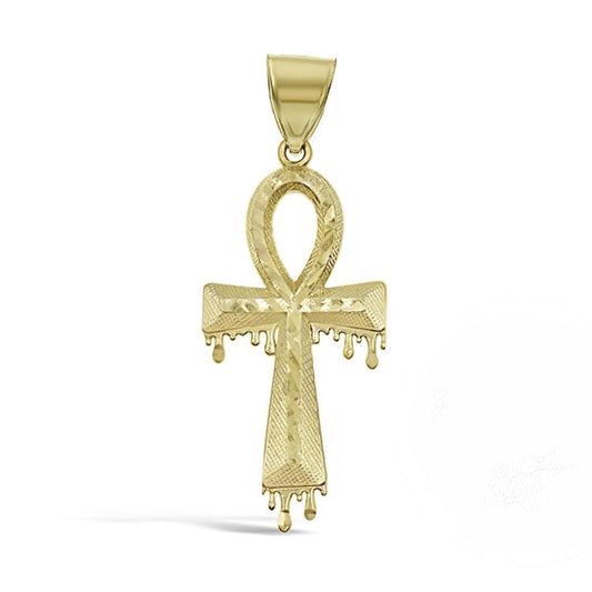 10K Yellow Gold Egyptian Ankh Cross Pendant Dripping Design