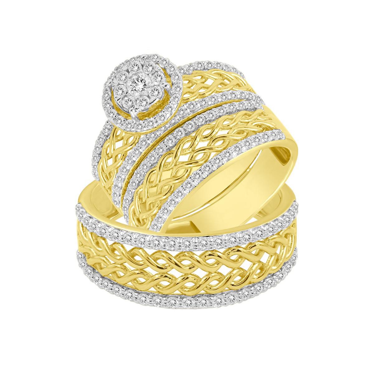 1.5 Cttw Round Diamond Clustet Bridal Wedding Ring Band Trio Set 10k Yellow Gold