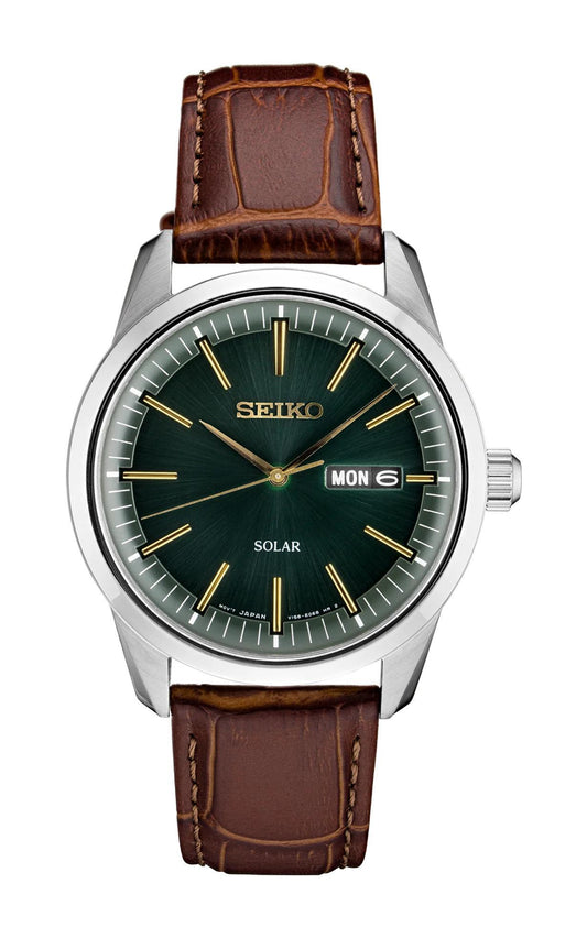 Seiko Essential Solar Men's Watch Green Dial Brown Leather SNE529