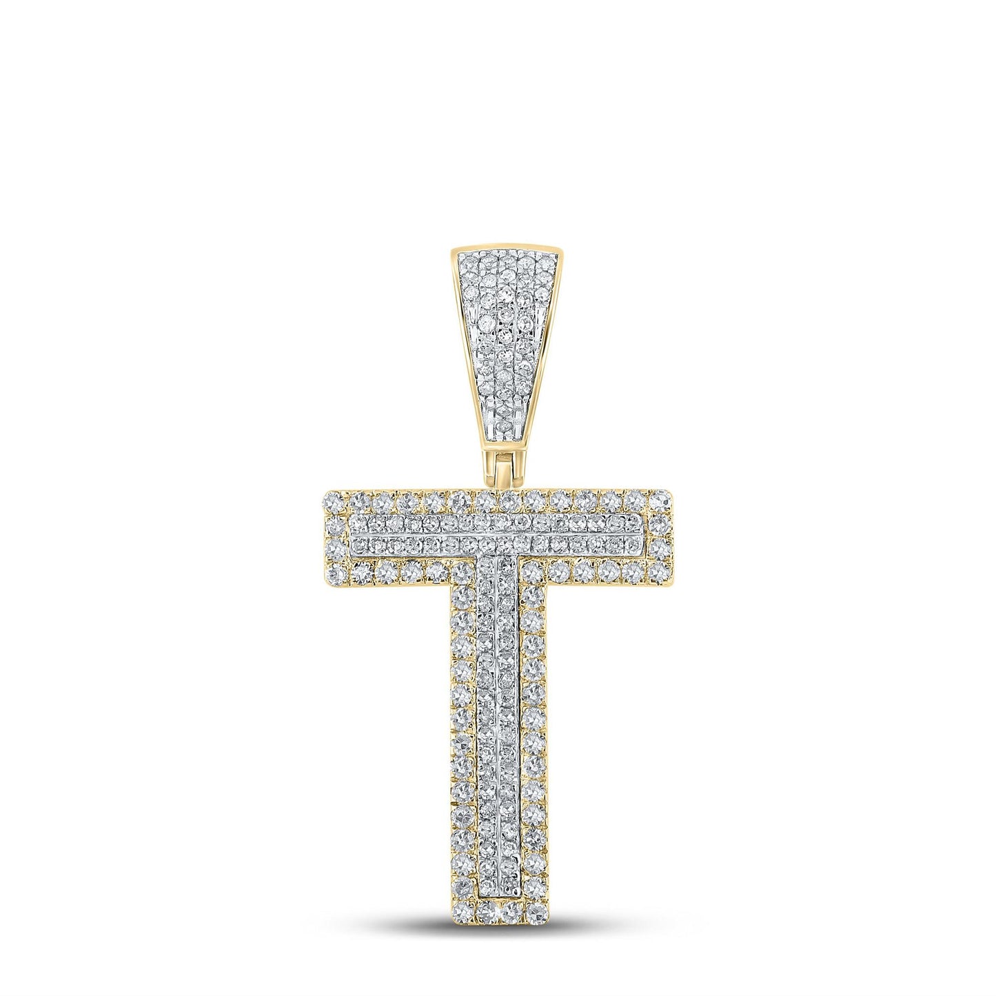 0.65Ctw Diamond Initial Letter T Charm Pendant 10k Two-tone Gold Mens