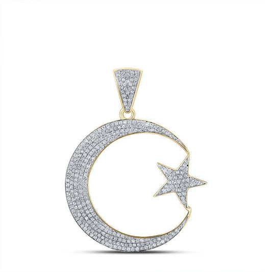 0.80 Cttw Round Diamond Star & Crescent Moon Mens Charm Pendant 10k Yellow Gold