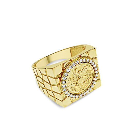 14K Yellow Gold Mexican Centenario 50 Peso Coin Ring Mens Nugget Band