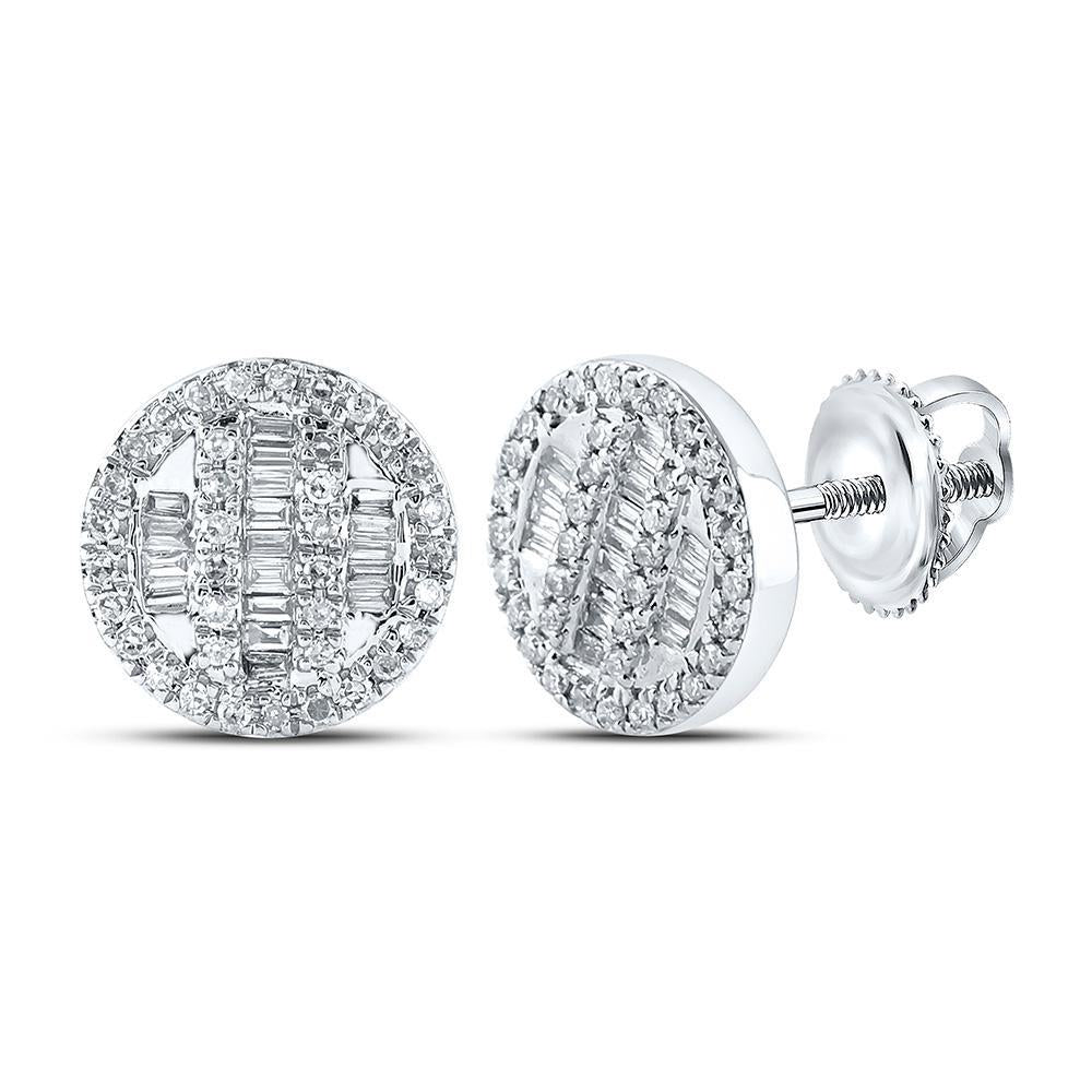 0.33cttw Diamond Baguette Circle Cluster Earrings 10kt White Gold Mens