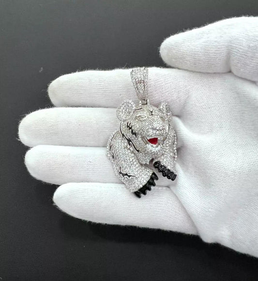 Tiger Head Face Charm 925 Sterling Silver Round Pendant CZ 2.2"