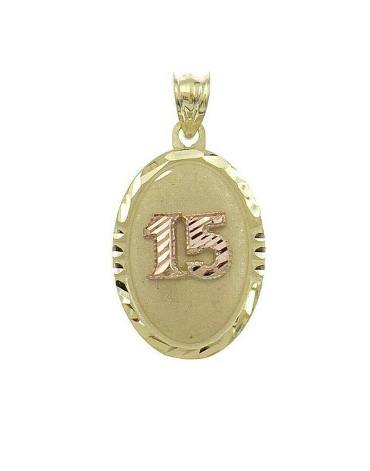 Quinceanera 15 Anos Oval Pendant 10K Yellow Rose Gold