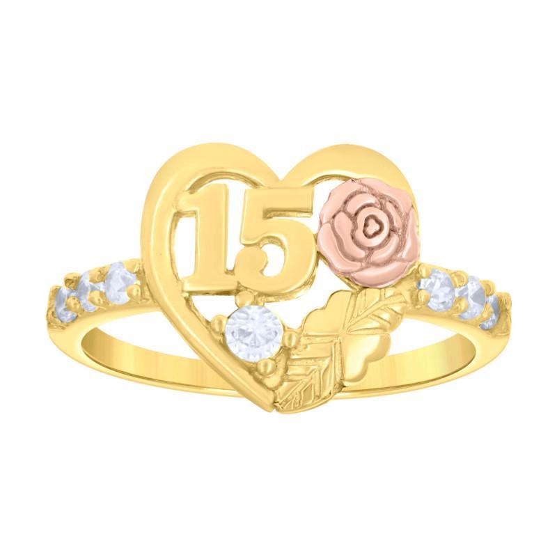 14K Two tone Gold CZ 15 Years Heart Rose Womens Ring