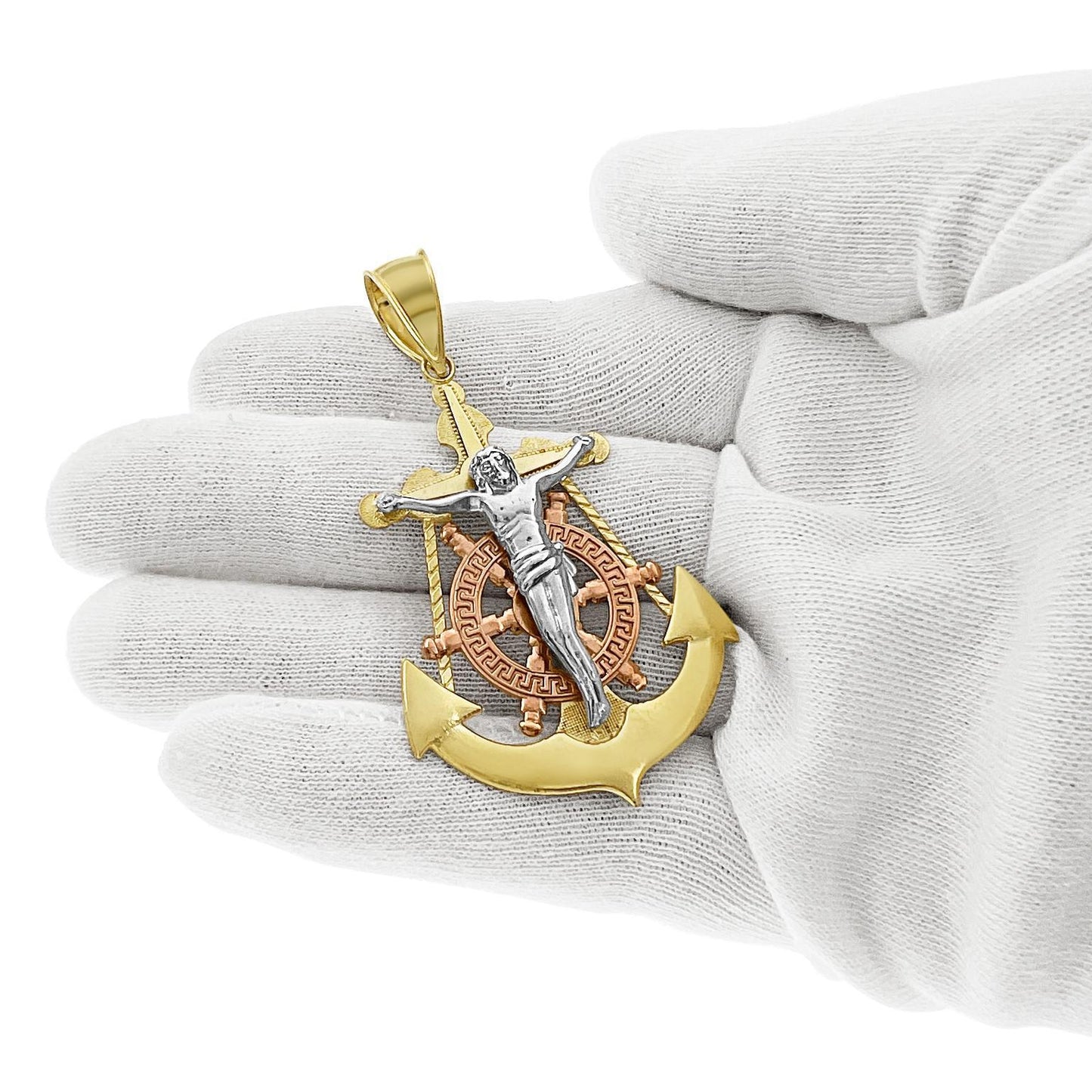 Anchor Jesus Crucifix Cross Mens Pendant 10k Three Tone Gold Charm 2.6 inch