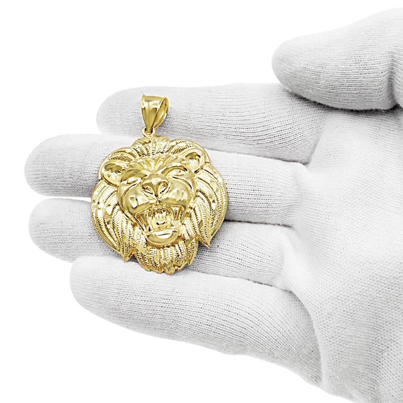 Lion Head Pendant Mens Charm 10K Yellow Gold 1.9 Inch