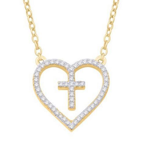 Diamond Heart Cross Necklace Pendant 10k Yellow Gold Womens Charm 0.20Cttw