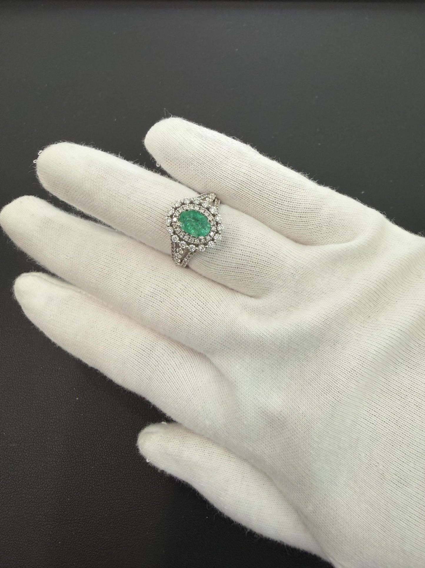 1.00ct Oval Emerald Diamond 0.86ctw 14K White Gold Halo Ring Split Shank