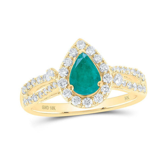 10kt Yellow Gold Womens Pear Emerald Diamond Fashion Ring 1 Cttw