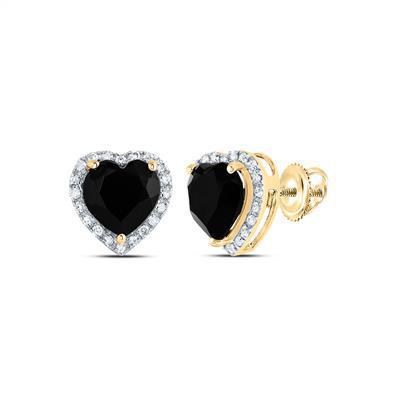 Diamond Heart Black Onyx Stud Earrings 10k Yellow Gold Screw Back