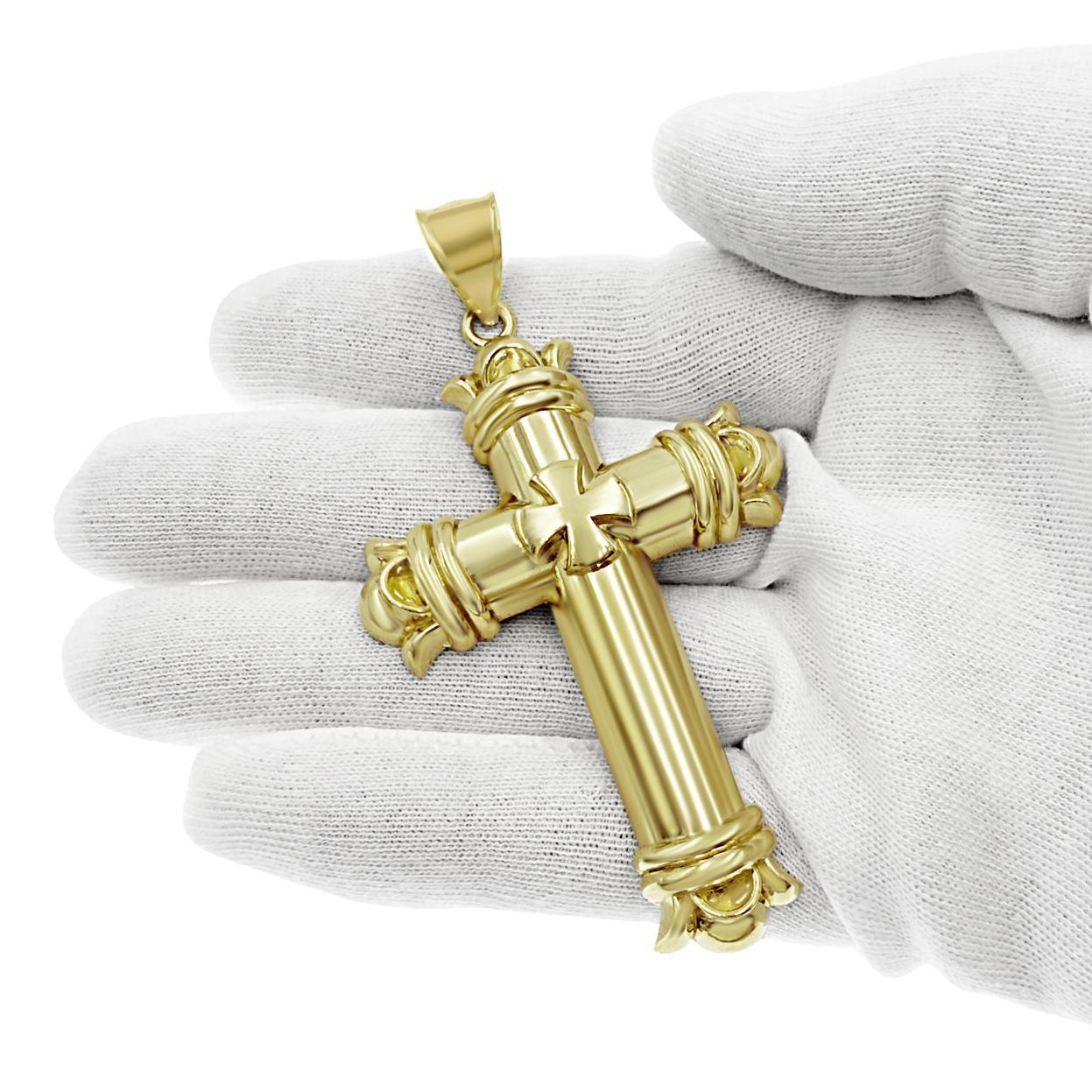 Large Cross Pendant Mens Charm 10k Yellow Gold 3.2 inch
