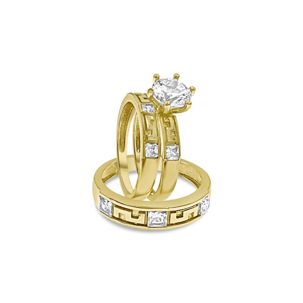 10k Yellow Gold Trio Wedding Ring Band Set His Her Bridal Engagement CZ