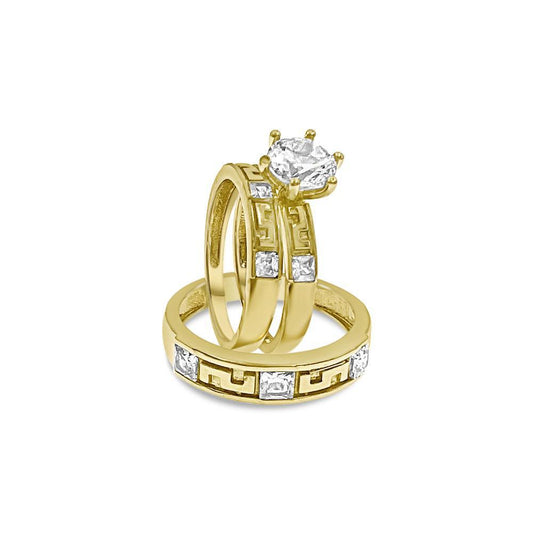 10k Yellow Gold Trio Wedding Ring Band Set His Her Bridal Engagement CZ