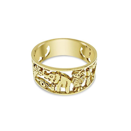 14K Yellow Gold Good Luck Band Ring Elephant Owl Cut out