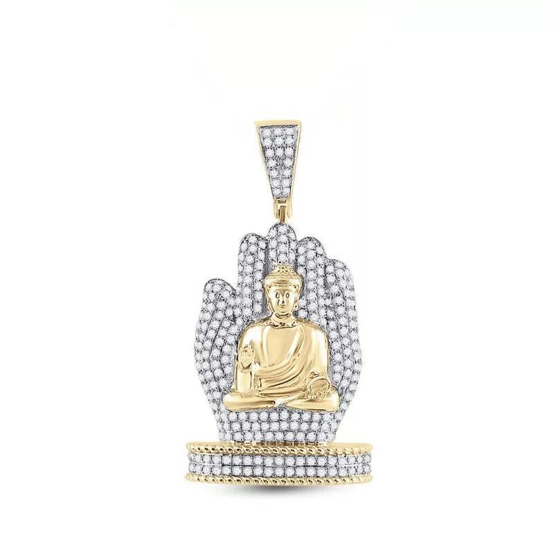 1.80 Ctw Diamond Buddha Praying Hands Mens Pendant Charm 10k Yellow Gold