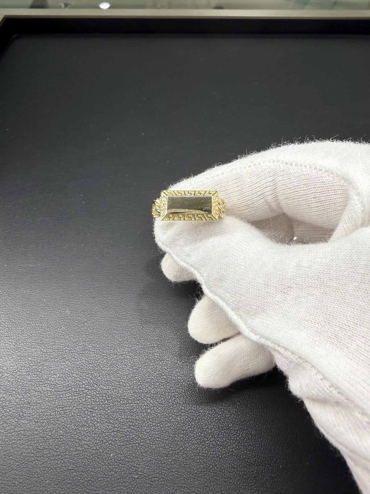 10K Yellow Gold Cuban Link Greek Key Signet Ring