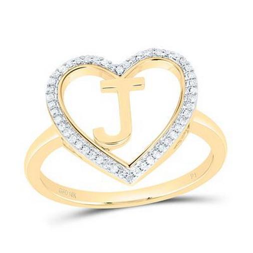 Diamond Initial J Heart Ring 10K Yellow Gold Womens
