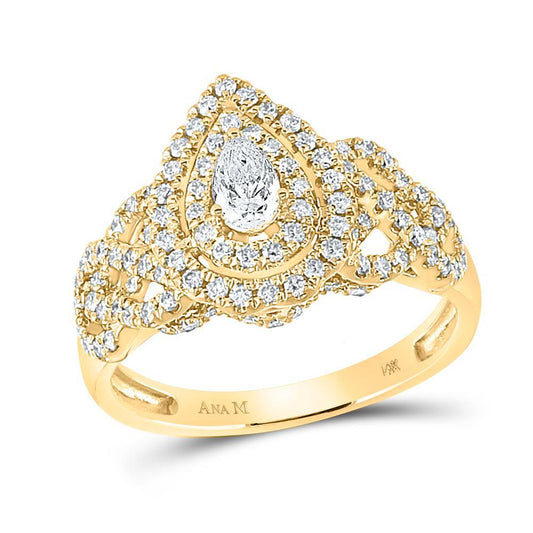 1.02 Ctw Pear Round Diamond Double Halo Engagement Ring 14K Yellow Gold