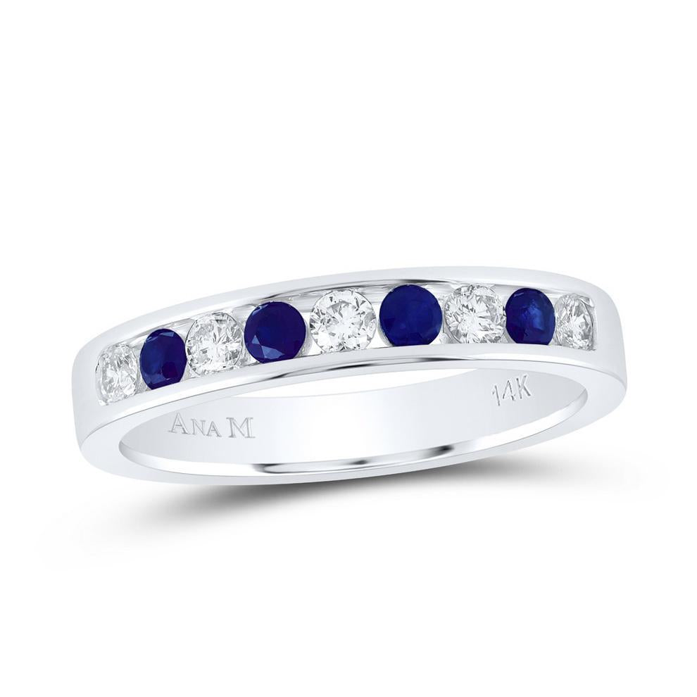 Diamond & Natural Blue Sapphire One Row Womens Band Ring 14k White Gold 0.5Cttw