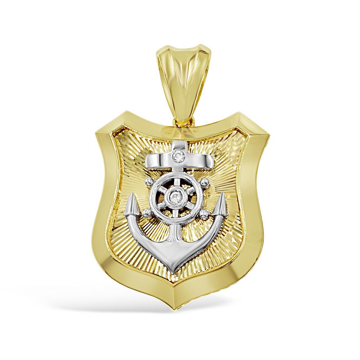 14K Two Tone Gold Mens Anchor Wheel Shield Pendant Nautical Charm 2 inch