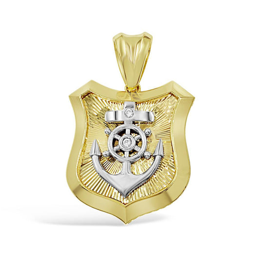14K Two Tone Gold Mens Anchor Wheel Shield Pendant Nautical Charm 2 inch