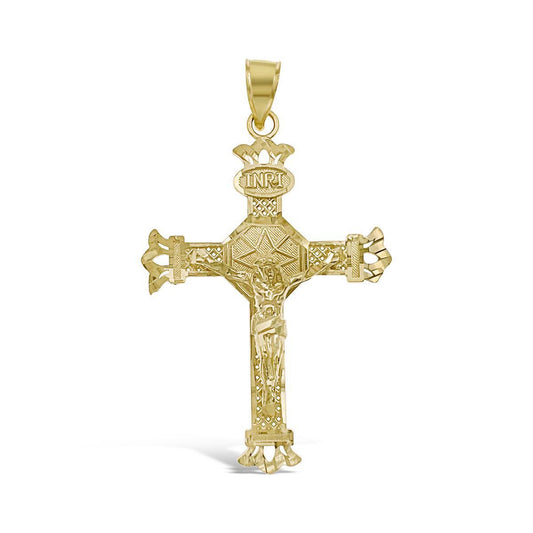 Jesus Crucifix Cross INRI Pendant 10k Gold Charm 1.6"