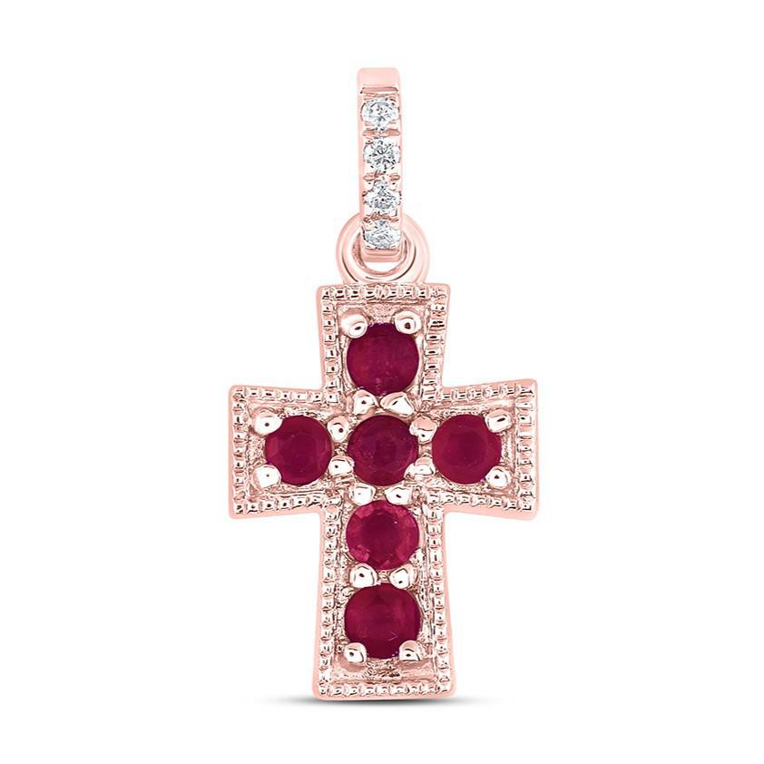 Natural Ruby with Diamond Cross Pendant 14k Rose Gold Charm 0.6"