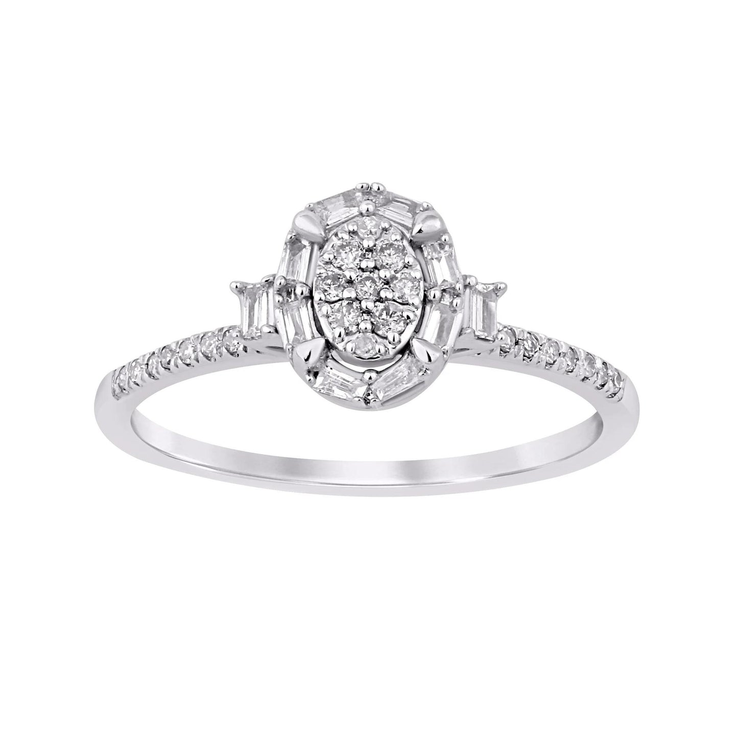 Baguette Diamond Oval Cluster Halo Engagement Ring 10k White Gold