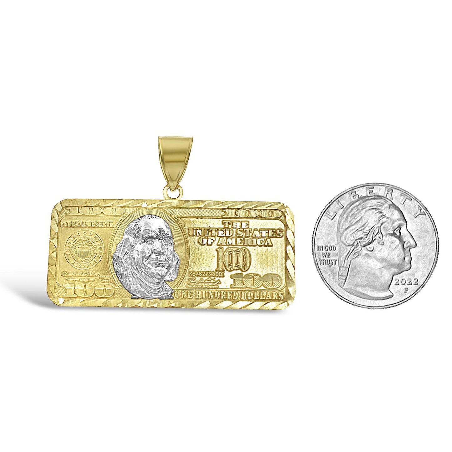 Money Bill $100 Dollar Pendant Solid 10k Yellow Gold Mens Charm