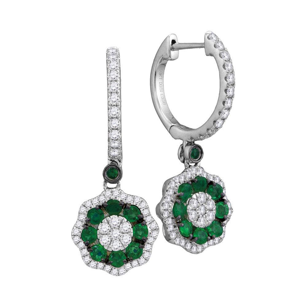 Natural Emerald & Diamond Flower Cluster Dangle Earrings 18k White Gold 1.12Cttw