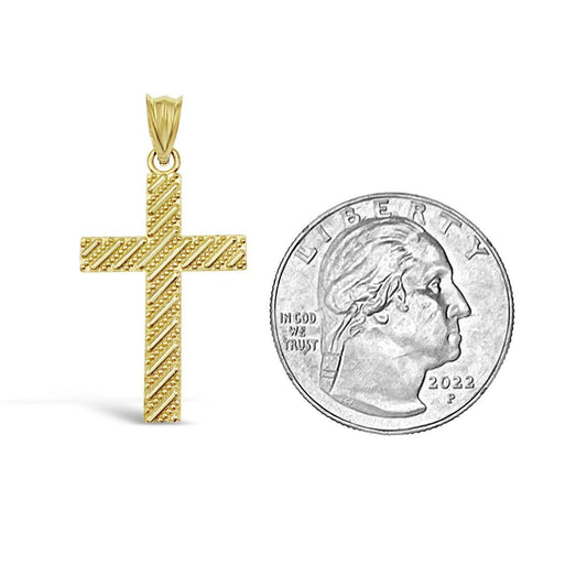 10K Yellow Gold Cross Pendant Textured Religious Charm 1.3"