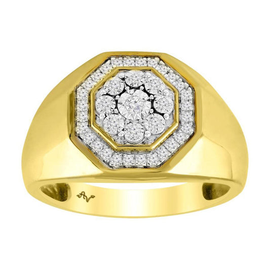 0.25cttw Diamond Octagon Cluster Mens Pinky Signet Ring 10k Yellow Gold