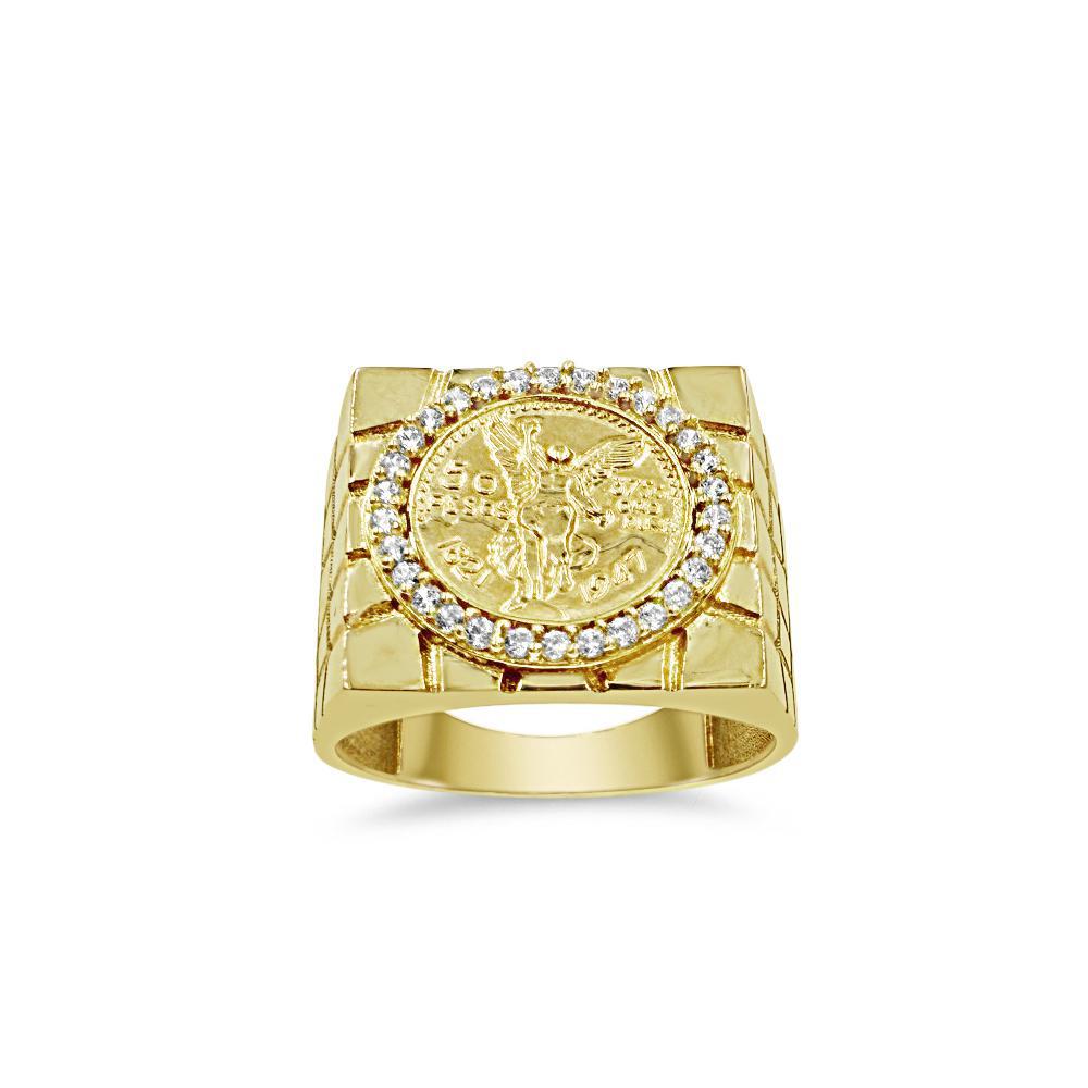14K Yellow Gold Mexican Centenario 50 Peso Coin Ring Mens Nugget Band