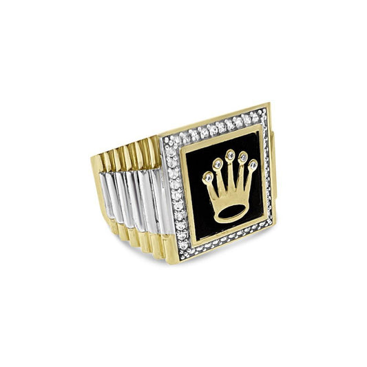 10k Two Tone Gold Mens Crown Signet Ring Black Enamel CZ