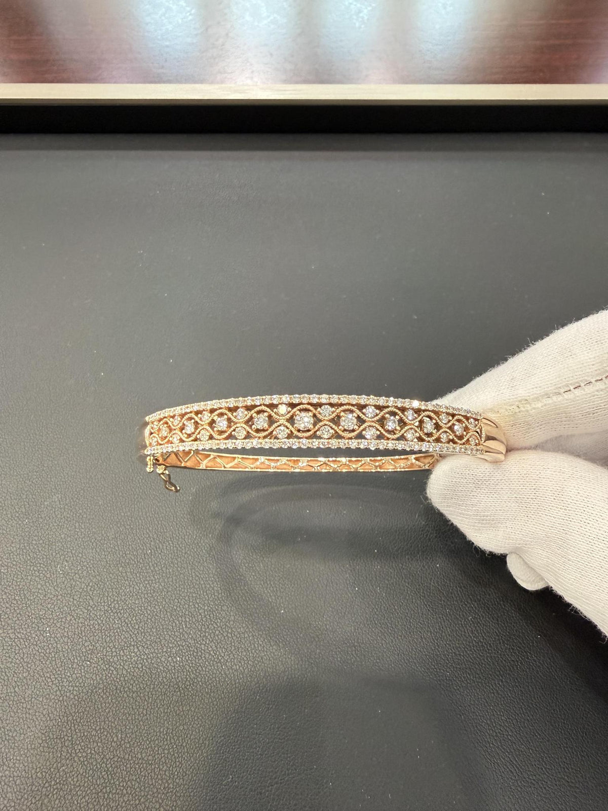 Diamond Vintage Filigree Hinged Bangle Bracelet 14K Rose Gold